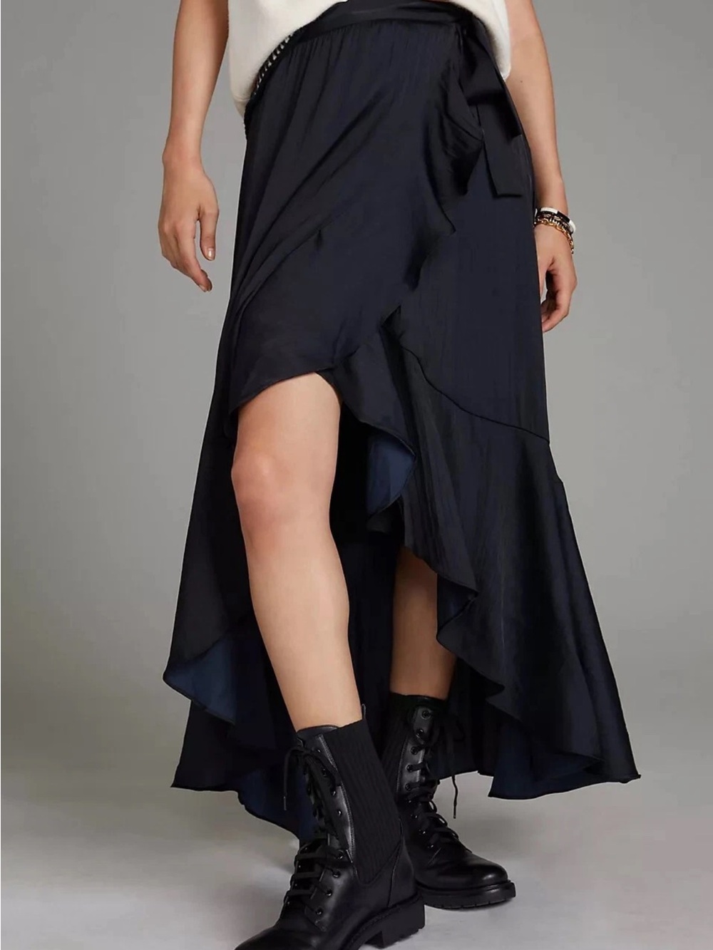 Anthropologie Maeve Black True Wrap Midi Skirt S High Low Ruffle Hem Boho Dance